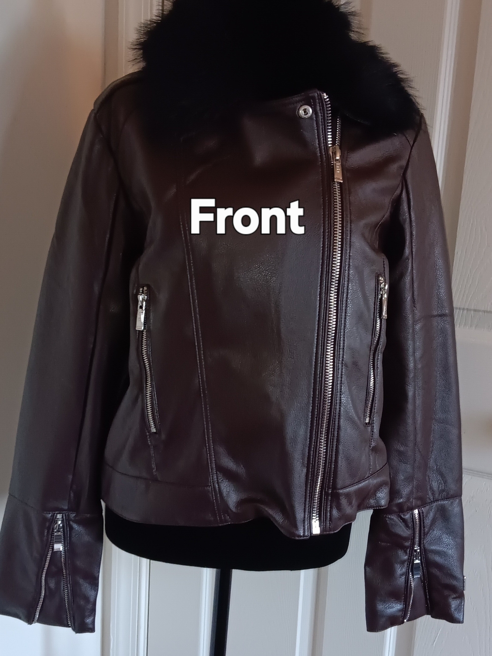 Nicole Miller Brown Faux Leather Jacket with Faux Fur Collar Women's Size S NWT